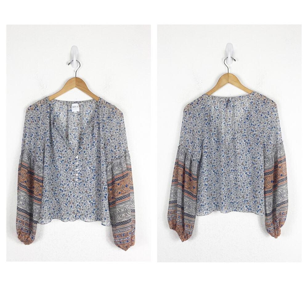 Misa Los Angeles Blue Floral Balloon Sleeve Blouse Size XS Boho Tribal